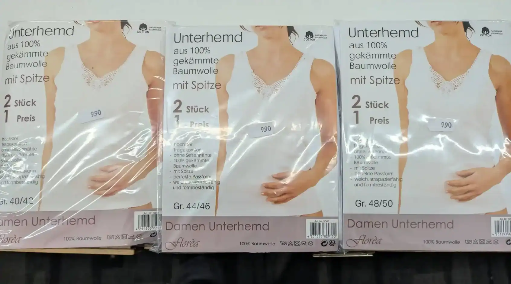 Florea Damen Unterhemd aus 100% gekämmter Baumwolle mit Spitze im 2er Pack