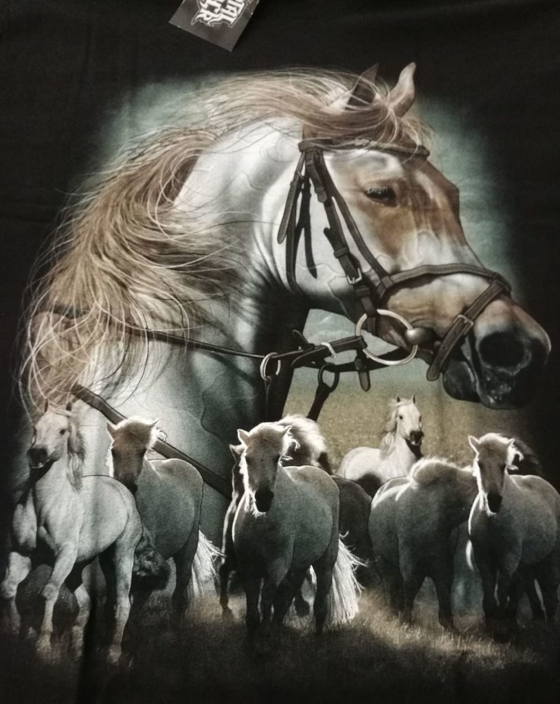 Bedruckte T-Shirts mit Tiermotiv für Damen und Herren - Pferd Schimmel mit Herde - gründlich sparen - einkaufen in bad grund