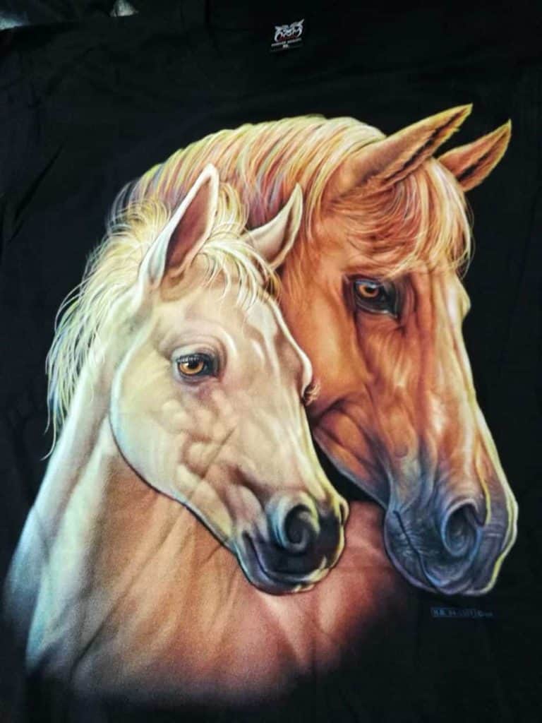 Bedruckte T-Shirts mit Tiermotiv für Damen und Herren - Pferd mit Pfohlen links - gründlich sparen - einkaufen in bad grund