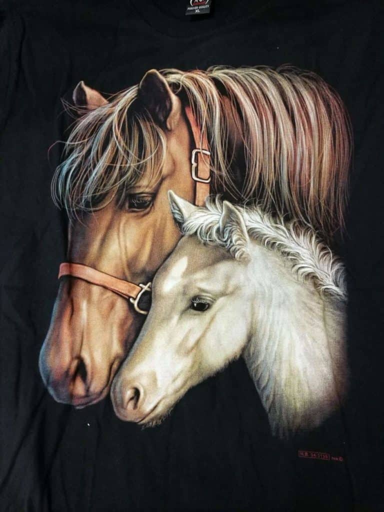 Bedruckte T-Shirts mit Tiermotiv für Damen und Herren - Pferd mit Pfohlen 01 - gründlich sparen - einkaufen in bad grund